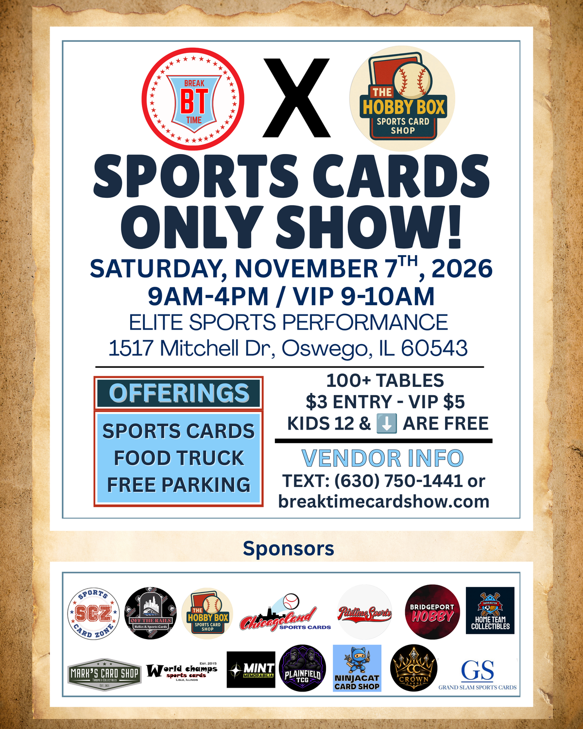 Saturday, November 7th - Elite Sports Performance Oswego Vendor 8FT Table - Details In Description